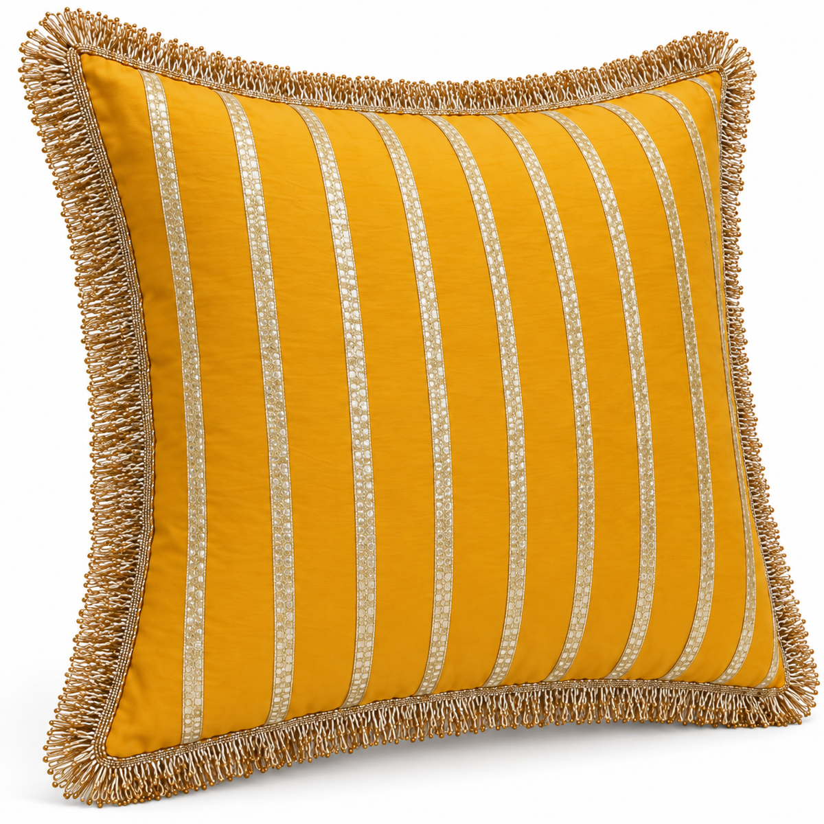 Angled view of mustard yellow and gold stripe cushion