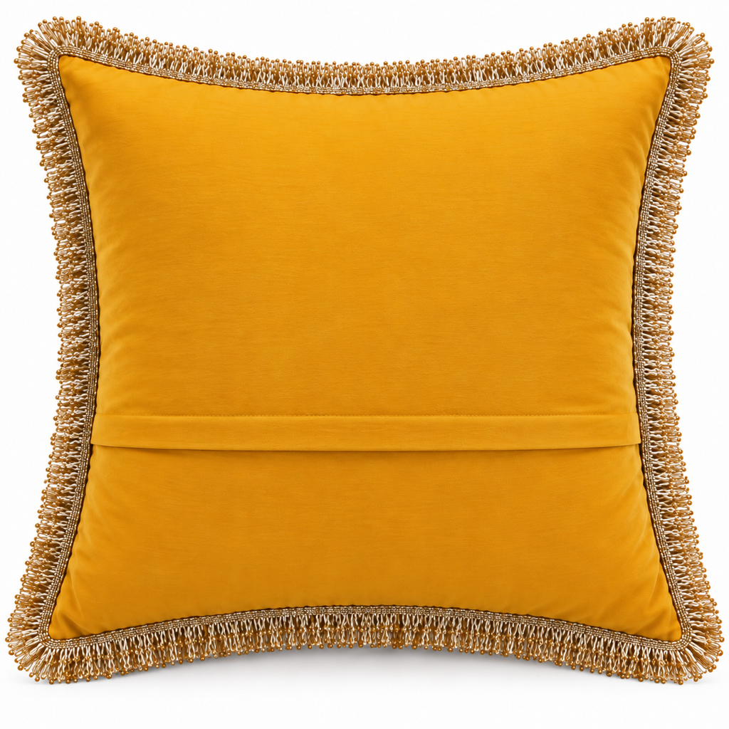 Back view of plain mustard yellow cushion with gold fringe