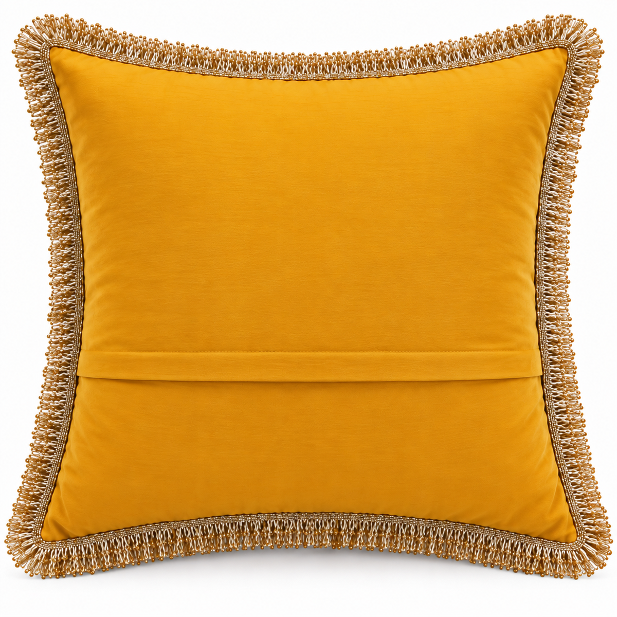 Back view of plain mustard yellow cushion with gold fringe