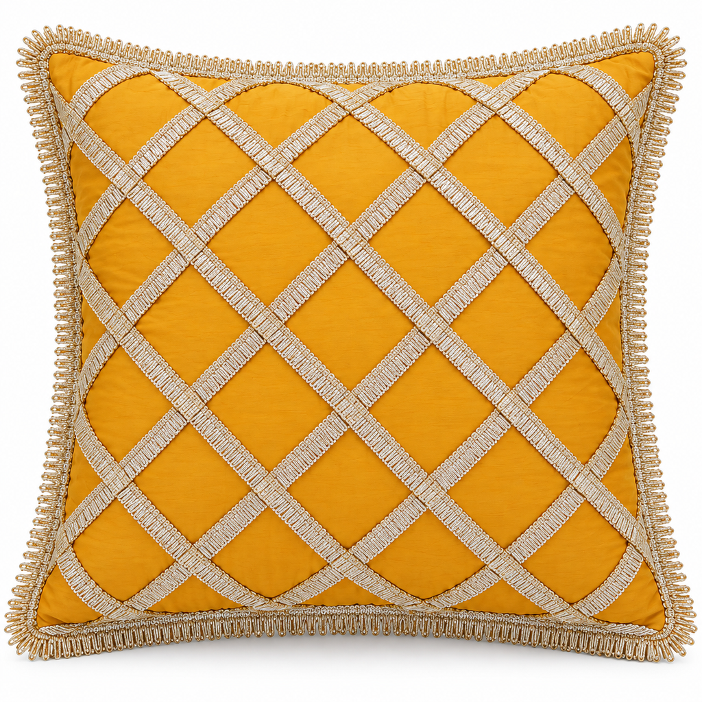 Front view of mustard cushion with gold diamond lattice and fringe