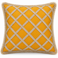 Front view of mustard cushion with gold diamond lattice and fringe