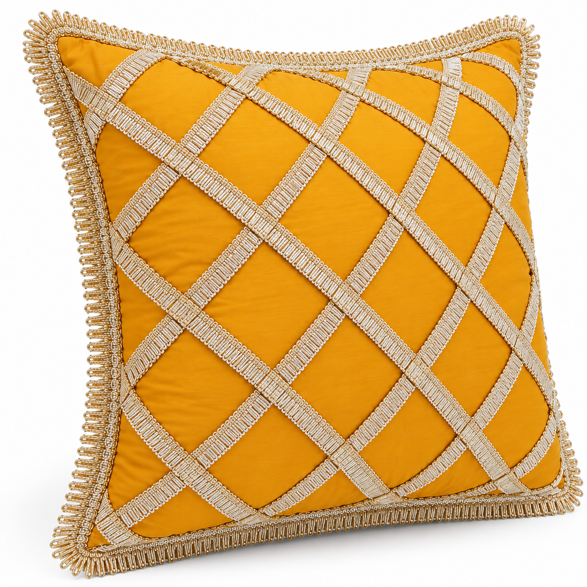 Angled view of mustard and gold lattice cushion