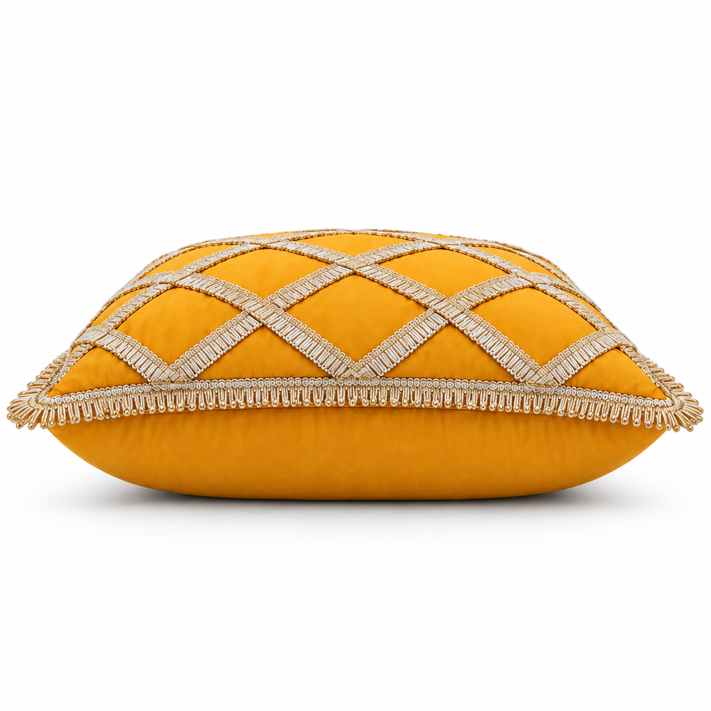 Side view showing gold lattice trim and fringe edging