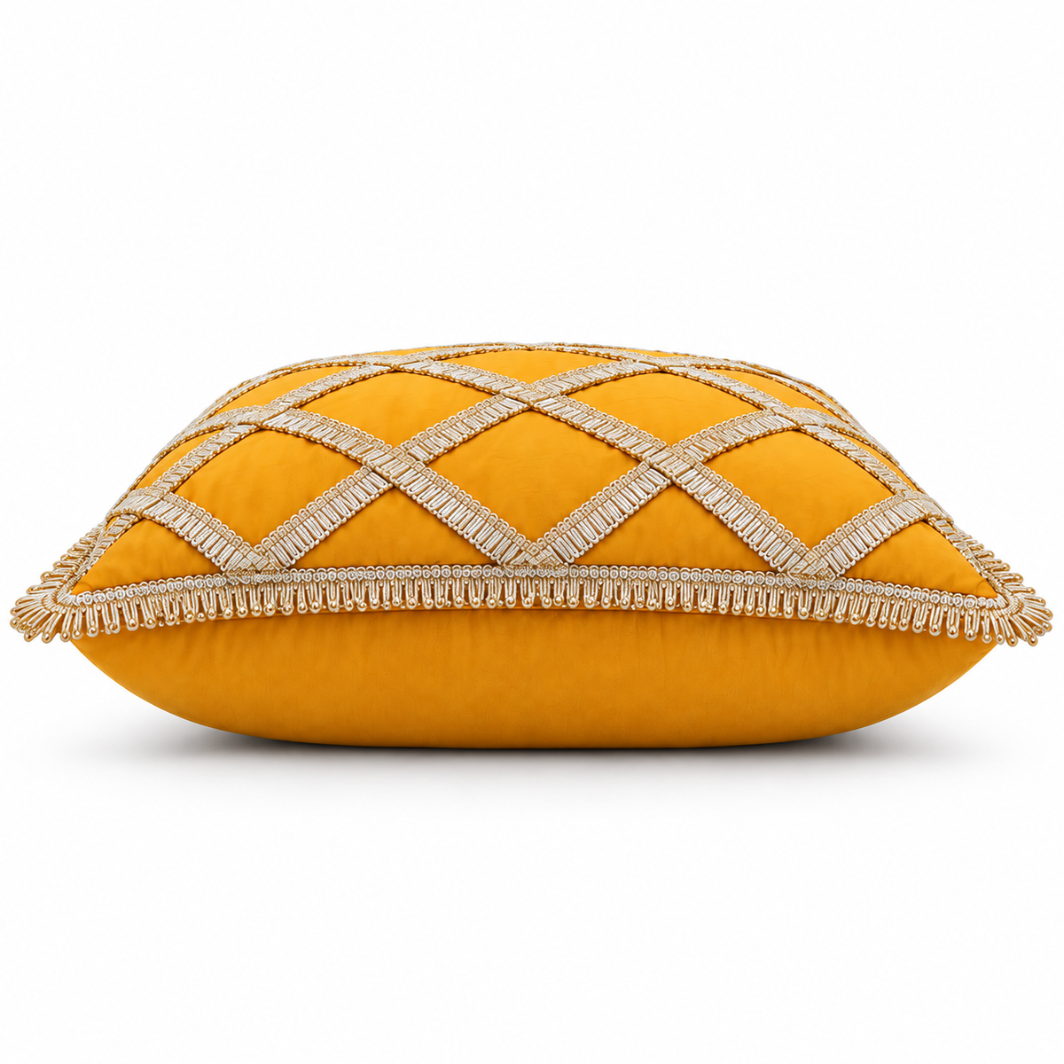Side view showing gold lattice trim and fringe edging