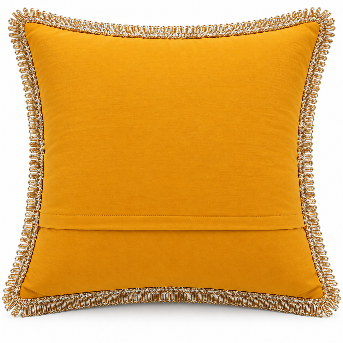 Back view of plain mustard cushion with gold fringe